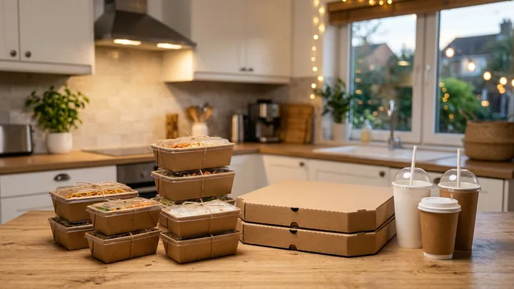 Illustrative packaged takeout containers and pizza boxes prepared for food delivery