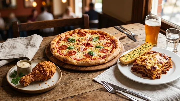Illustrative dining spread with freshly baked pizza, savory lasagna, and crispy fried chicken