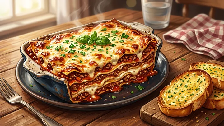 Illustrative oven-baked lasagna supreme with melted cheese and garlic bread