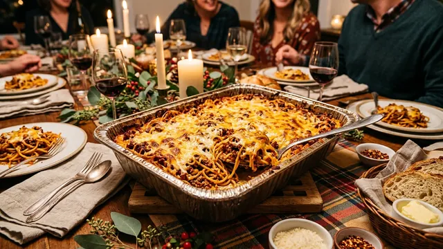 Illustrative catering party pan of baked pasta for group dining