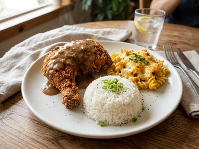 Illustrative combo plate with crispy fried chicken, rice, and cheesy pasta