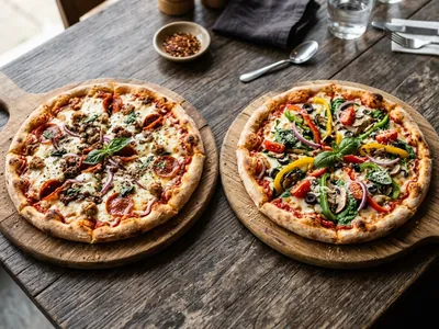Illustrative pair of medium pizzas representing double deal value combo
