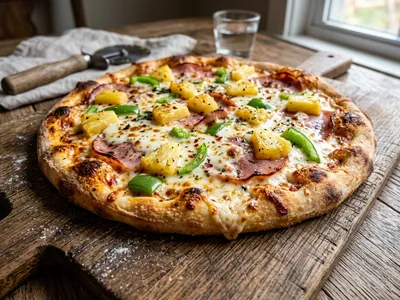Illustrative Hawaiian pizza with pineapple and ham toppings