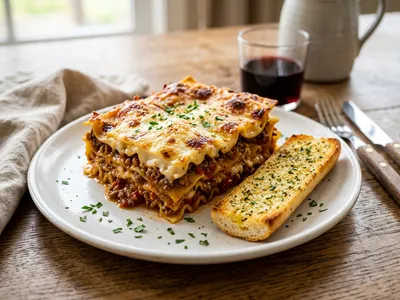 Illustrative portion of oven-baked layered lasagna supreme with garlic bread