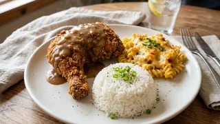 Illustrative combo meal combining fried chicken, pasta, and pizza slice