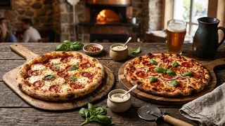 Illustrative pair of crispy double thin crust pizzas
