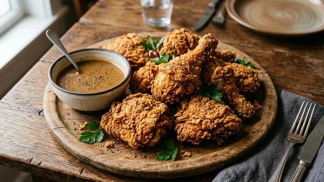 Illustrative platter of crunchy fried chicken with savory dipping gravy