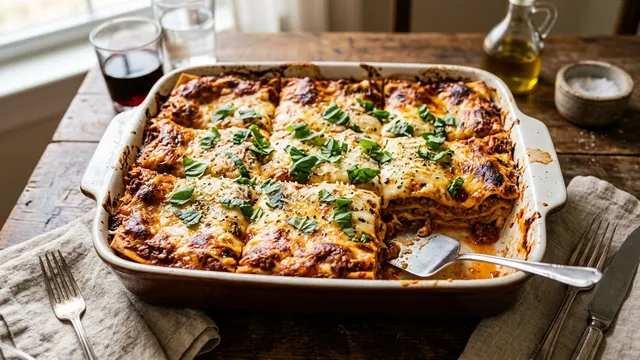Illustrative baked lasagna supreme pasta tray with golden cheese topping