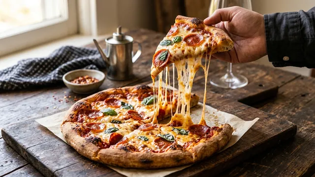 Illustrative freshly baked pizza slice with melted cheese pull